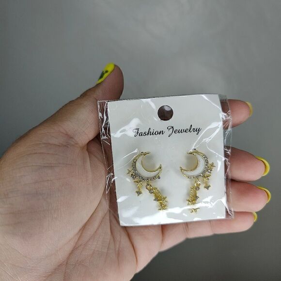 Cubic Zirconia Faux Gold Moon Celestial Dangle Stud Earrings - Picture 3 of 5
